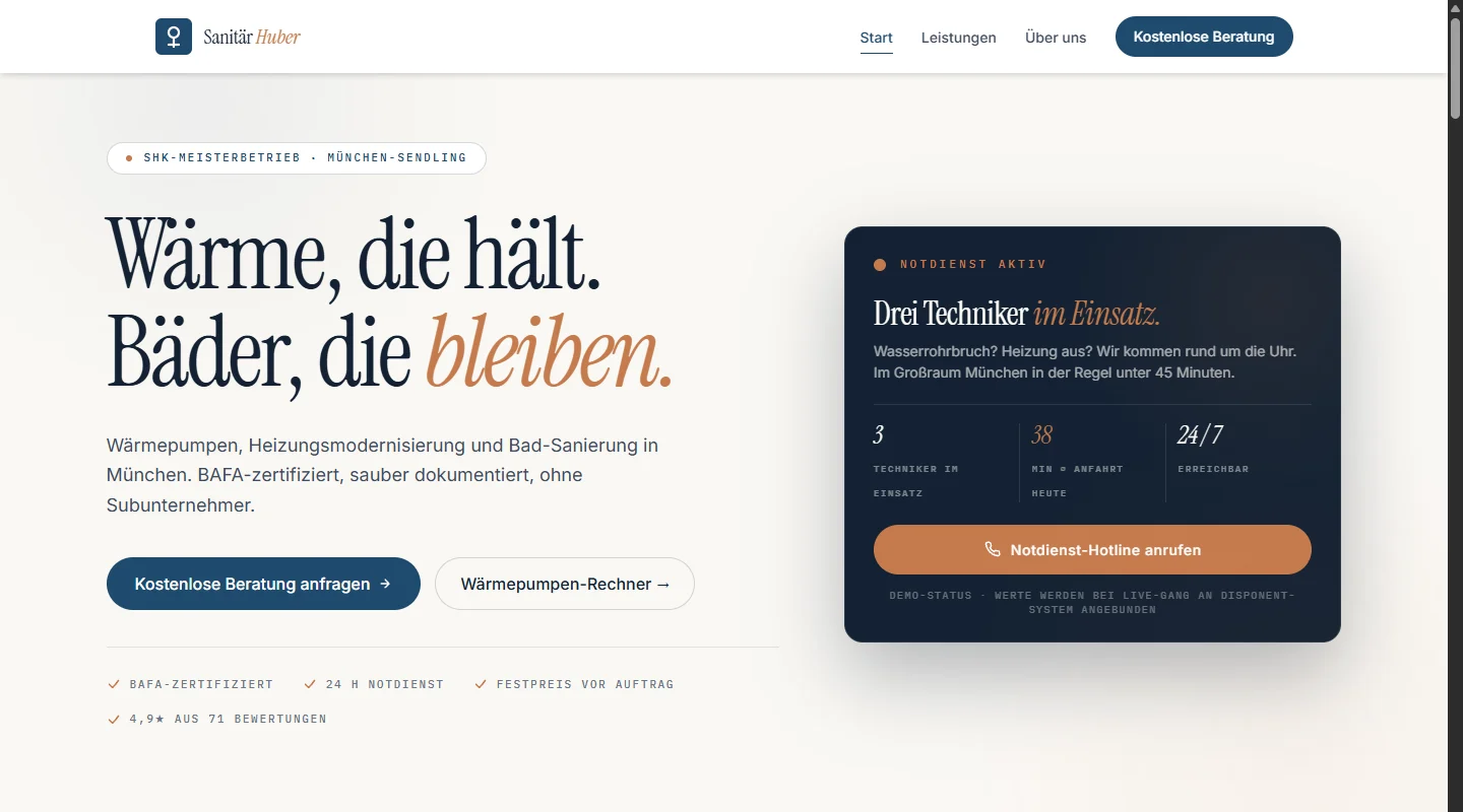 Demo-Website Sanitär Huber mit Wärmepumpen-Rechner